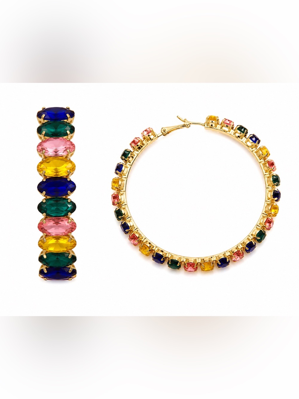 Nasty Gal Gold Hoop Earrings with Blue, Green, Pink & Yellow Gems